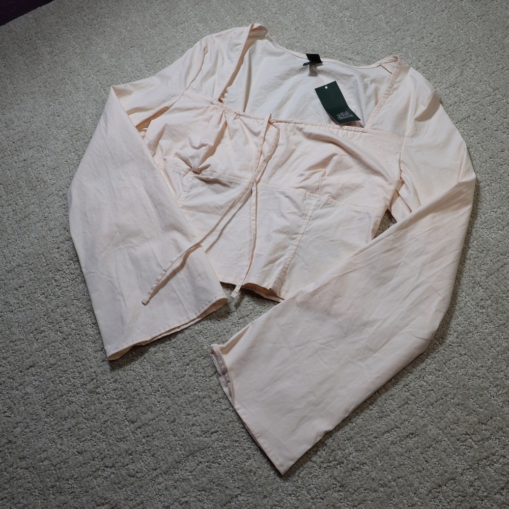 Wild Fable Womens Light Pink Long Sleeve Tie Front Crop Top TARL764J Size L NWT